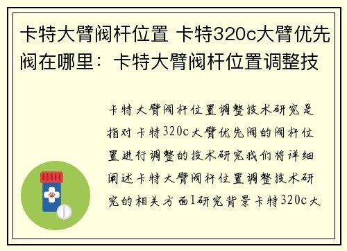 卡特大臂阀杆位置 卡特320c大臂优先阀在哪里：卡特大臂阀杆位置调整技术研究